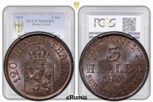ドイツ、ヘッセン州カッセル、フリードリヒ・ヴィルヘルム1世、3ヘラー、1865年、トップポップ、PCGS MS 65 B