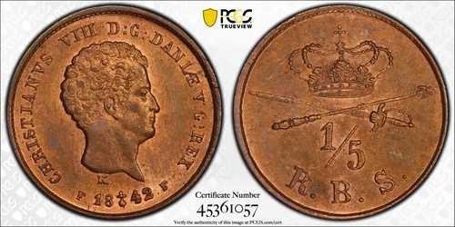 1842年 FF R.B.S. デンマーク 1/5 リグスバンクスキリング PCGS MS65 RB レッドブラウンポップ 2/0 2646