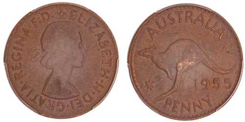 1955 Y. (p) ペニー 1d オーストラリア AU53 パース 表面ミュール PCGS aUNC #2585