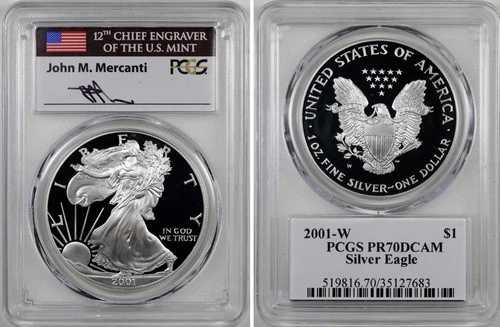 2001-W プルーフ シルバー イーグル PCGS PR70 MERCANTI サイン入り ブラックラベル