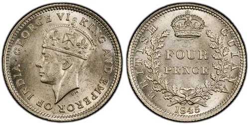英領ギアナ、ジョージ6世、1945年、4ペンス。PCGS MS MS 65。