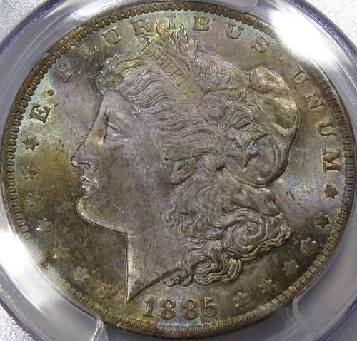 1885-O モルガン シルバー ダラー ジェム BU PCGS MS-64... 表面の素晴らしい色調、とても素敵