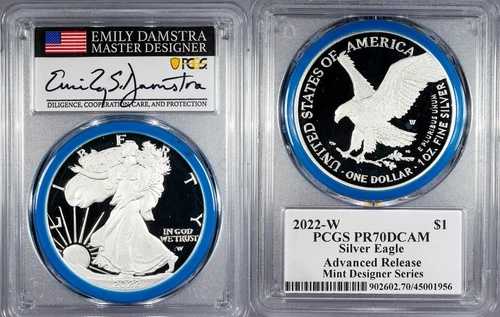 2022-W プルーフ シルバー イーグル アドバンスドリリース; ミントデザイナー ダムストラ PCGS PR70 DCAM
