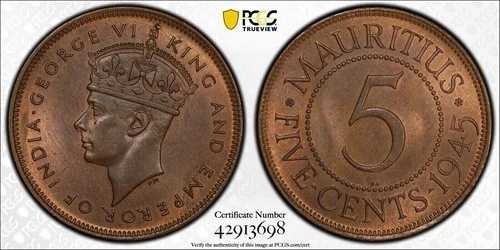 英国モーリシャス 1945年 ジョージ6世記念 5セント 5セント。PCGS MS 65、発行枚数50万枚