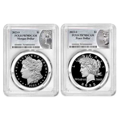2枚セット - 2023-S プルーフ $1 モルガン＆ピース シルバーダラー PCGS PR70DCAM モルガン