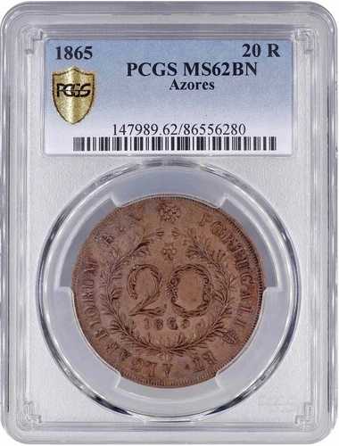 アゾレス諸島 20 レイス 1865年、PCGS MS62 BN、「アゾレス自治州（1843-1901）」