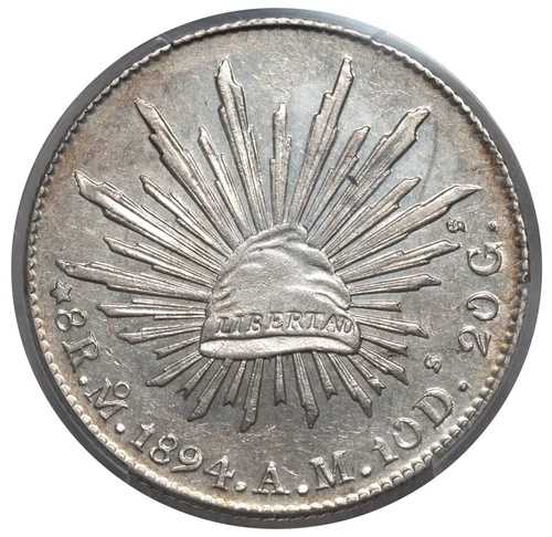 1894年、メキシコ（第二共和国）。銀貨8レアル（キャップ??ドル）。PCGS AU-55！