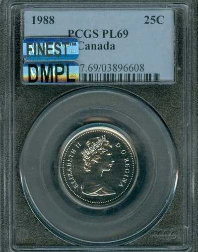 1988年 カナダ 25セント PCGS PL69 PQ MAC 最高グレード & DMPL + スポットレス *