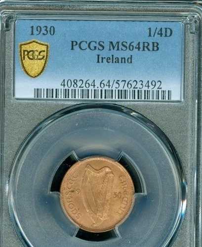 1930 年 アイルランド 1/4D ファーシング PCGS MS64 RB 2ND 最高級グレード POP-4 1 のみ最高級。