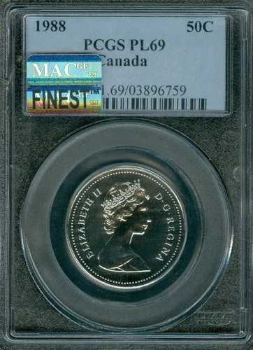 1988年 カナダ ラウンドバスト 50セント PCGS PL69 PQ MAC 最高グレード&スポットレス *