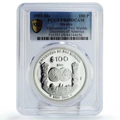 メキシコ 100ペソ 二つの世界の遭遇 船の柱 PR69 PCGS 銀貨 1991年