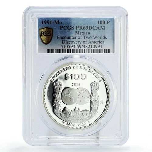 メキシコ 100ペソ 二つの世界の遭遇 船の柱 PR69 PCGS 銀貨 1991年