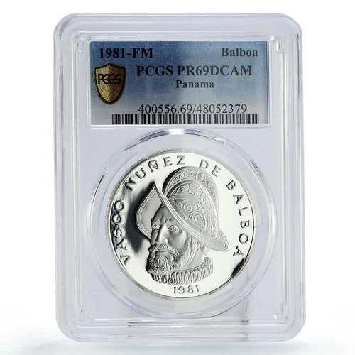 パナマ 1バルボア 通常貨幣 バスコ・バルボア KM-39.1b PR69 PCGS 銀貨 1981年