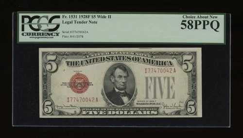 DBR 1928-F $5 リーガルワイドII Fr. 1531Wii IAブロック PCGS 58 PPQ シリアルI77470042A