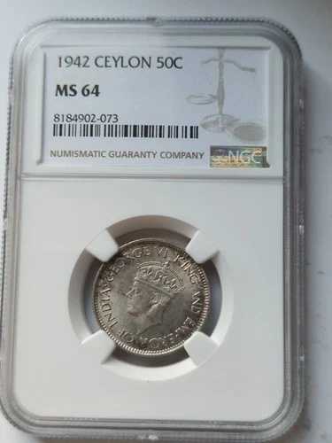 セイロン 1942 50セント NGC MS 64 トップポップ 5/1 高グレードで希少