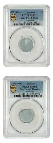 ミントエラー: (1982-2024) 1C PCGS MS63 (亜鉛、T1ブランクとT2プランシェット、メッキなし、2