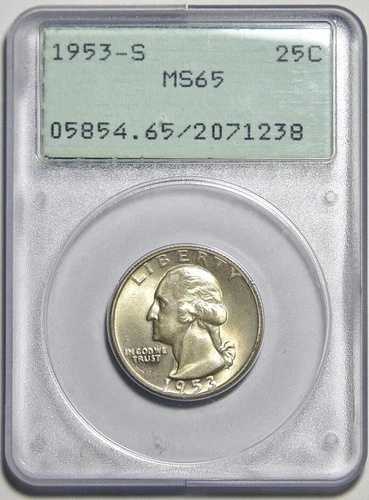 1953-S ワシントン シルバー クォーター 25セント | PCGS ラトラー MS65