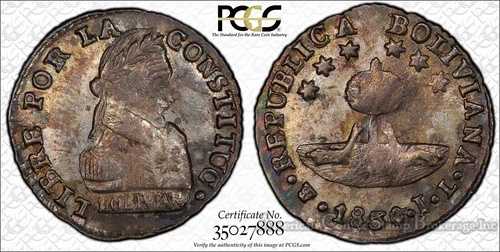 ボリビア 1/2ソル 1830 PTSJL MS63 PCGS シルバー KM#93.2a カラフルトーン プルーフ｜WORLD RESOURCE【QUEEN店】