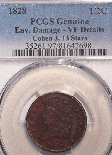 1828年ハーフセント C-3 PCGS 純正封筒ダメージあり VF 詳細 13つ星｜WORLD RESOURCE【QUEEN店】 69,575円