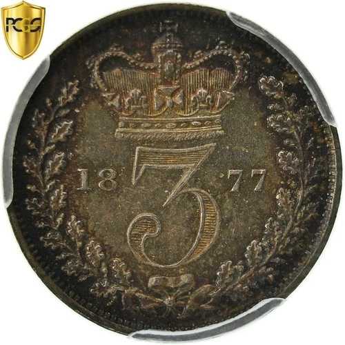コイン、イギリス、ビクトリア、3ペンス、1877年、PCGS、PL65、FDC、銀
