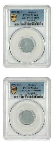 ミントエラー: (1982-2024) 1C PCGS MS63 (亜鉛、T1ブランクとT2プランシェット、メッキなし、2
