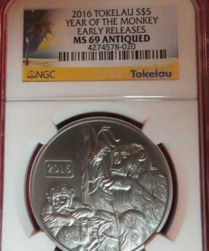 2016年 トケラウ 5シンガポールドル 申年 NGC PF69 MS69 アンティークマット 1オンス 999 シルバー