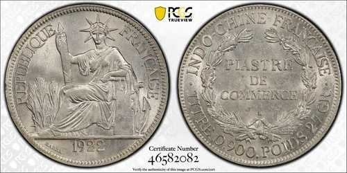 フランス領インドシナ - 1922年シルバーピアストレ PCGS AU58。