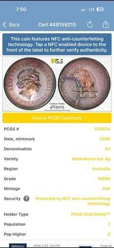 2006 オーストラリア クッカバラ 2 オンス シルバー コイン PCGS MS68 素晴らしいトナー トップ 5 ポップ。