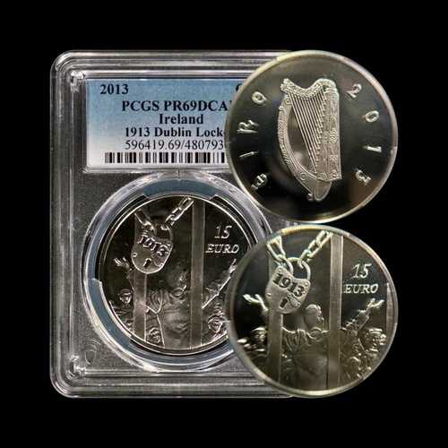 アイルランド。2013年、15ユーロ、シルバー - PCGS PR69 - トップポップ?? ダブリン・ロックアウト、ラーキン