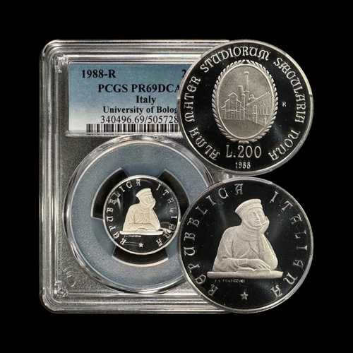 イタリア。1988年、200リラ、銀貨 - PCGS PR69 - Top Pop ?? ボローニャ大学