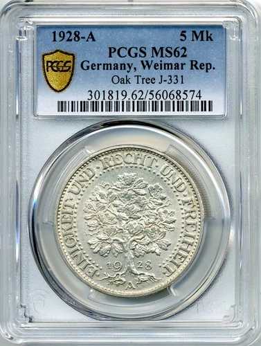 1928年-A ドイツ - ワイマール共和国、5マルク、オークツリー - 未使用、PCGS MS62｜WORLD RESOURCE【QUEEN店】