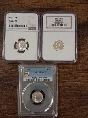 グレーディング済みマーキュリーダイム ロット 1942 NGC MS 66 FB 1943 PCGS MS 66 FB 1945 NGC MS 66
