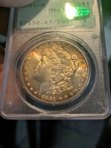 1881年 S モーガン銀貨 PCGS MS63 CAC OGH RATTLER オールドホルダー カラー レインボー