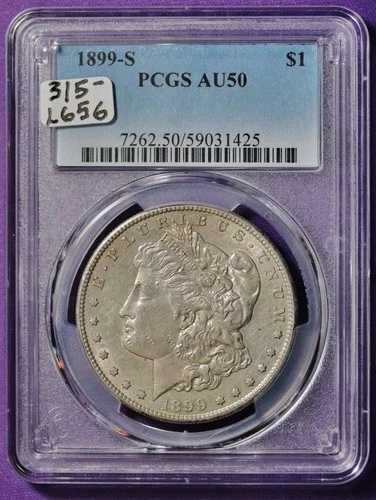 1899年頃のモルガン銀貨。PCGSホルダー入り。AU50。L656