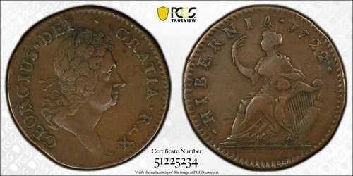 1722年製 ウッズ ハイバーニア ハーフペニー PCGS VF35 希少価値 5 マーティン 4.7 C-6