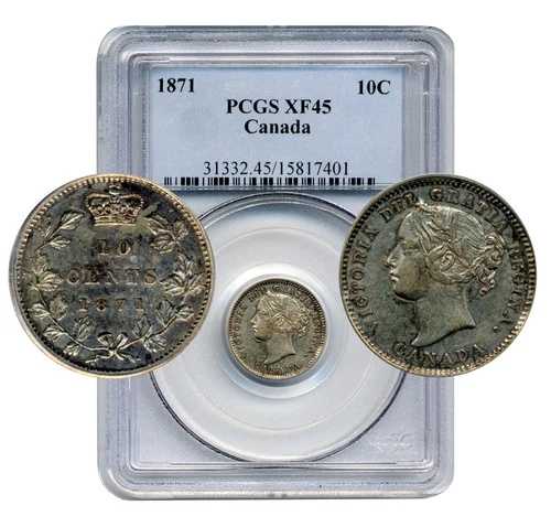 1871年カナダ10セント硬貨 - 極美品、PCGS EF45