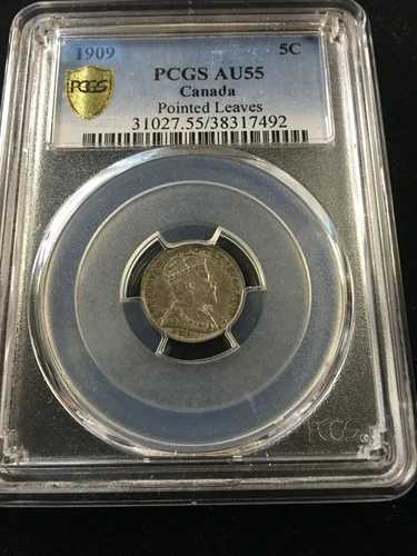 1909年製 尖った葉、PCGS認定カナダ貨幣、5セント、**AU-55**