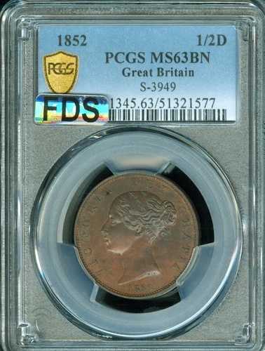 1852年 イギリス 1/2D ハーフペニー PCGS MS63 BN MAC FDS または 1st ダイス ストライク *