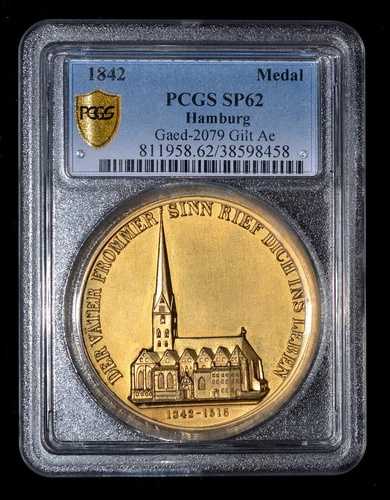 PCGS SP62 1842年 ドイツ ハンブルク自由都市 金箔銅製 聖ペトリ教会 消防勲章