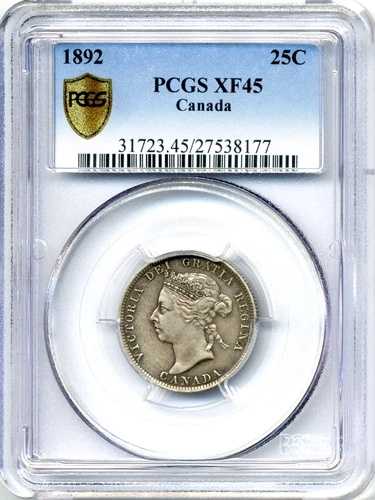 1892年カナダ25セント硬貨 - 極上品、PCGS EF45