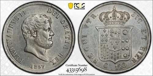 1857年 イタリア ナポリ＆シチリア 120 グラーナ PCGS AU55