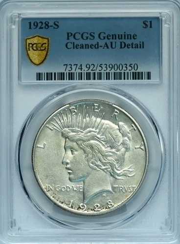 1928-S ピースドル $1 ? PCGS 純正クリーニング済み ? AU 詳細 ? 写真をご覧ください