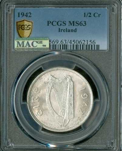 1942年 アイルランド ハーフクラウン PCGS MS63 PQ MAC スポットレス。