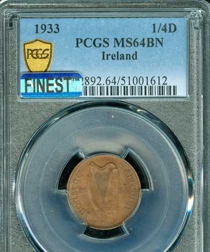 1933年アイルランド ファージング PCGS MS64 BN MAC 最高級グレード 希少。