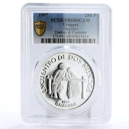 ウルグアイ 250ペソ 民芸品 民族衣装 舞踏 PR68 PCGS 銀貨 1997年