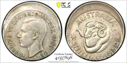 オーストラリア 1952年 シリング「中心から外れた誤り」 PCGS グレード AU53 希少