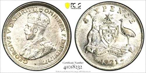 オーストラリア 1921年 シックスペンス キーデート ローミント ハイグレード PCGS aUNC /UNC