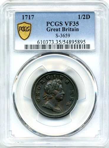 1717年 イギリス ハーフペニー、S-3659 - チョイス・ベリーファイン、PCGS VF35