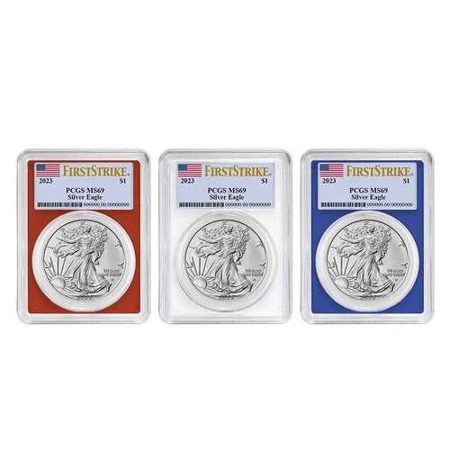 2023年 1ドル アメリカン シルバー イーグル 3枚セット PCGS MS69 FS 旗ラベル 赤 白 青