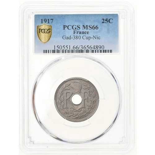 [#903676] コイン、フランス、リンダウアー、25 サンタイム、1917、PCGS、MS66、MS(65-70)、コップ
